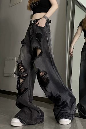 Distressed Baggy Men's Summer Streetwear Jeans - Loose Wide-Leg Straight-Leg Trousers for a Trendy High Street Look