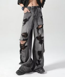 Distressed Baggy Men's Summer Streetwear Jeans - Loose Wide-Leg Straight-Leg Trousers for a Trendy High Street Look