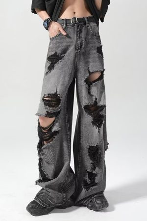 Distressed Baggy Men's Summer Streetwear Jeans - Loose Wide-Leg Straight-Leg Trousers for a Trendy High Street Look