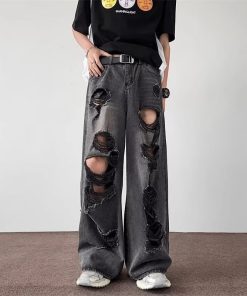 Distressed Baggy Men's Summer Streetwear Jeans - Loose Wide-Leg Straight-Leg Trousers for a Trendy High Street Look