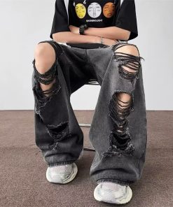 Distressed Baggy Men's Summer Streetwear Jeans - Loose Wide-Leg Straight-Leg Trousers for a Trendy High Street Look
