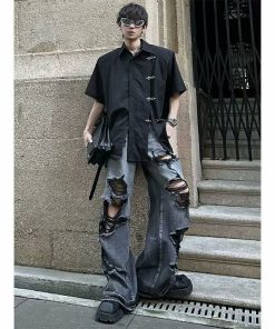 Distressed Baggy Men's Summer Streetwear Jeans - Loose Wide-Leg Straight-Leg Trousers for a Trendy High Street Look