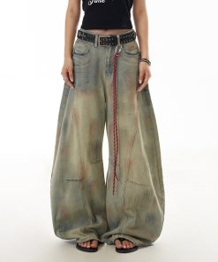 Distressed Curved Blade Wide-Leg Jeans for Women - Deconstructed Vintage American-Style Floor-Length Trousers