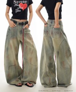 Distressed Curved Blade Wide-Leg Jeans for Women - Deconstructed Vintage American-Style Floor-Length Trousers