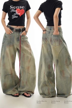 Distressed Curved Blade Wide-Leg Jeans for Women - Deconstructed Vintage American-Style Floor-Length Trousers