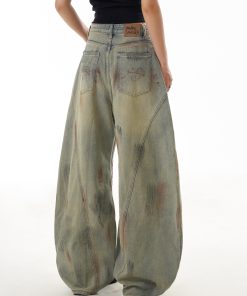 Distressed Curved Blade Wide-Leg Jeans for Women - Deconstructed Vintage American-Style Floor-Length Trousers