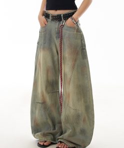Distressed Curved Blade Wide-Leg Jeans for Women - Deconstructed Vintage American-Style Floor-Length Trousers