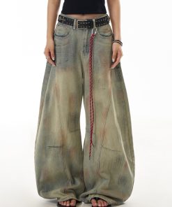 Distressed Curved Blade Wide-Leg Jeans for Women - Deconstructed Vintage American-Style Floor-Length Trousers