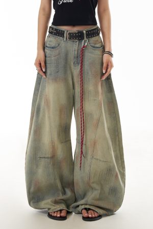 Distressed Curved Blade Wide-Leg Jeans for Women - Deconstructed Vintage American-Style Floor-Length Trousers
