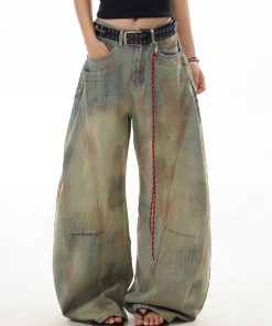 Distressed Curved Blade Wide-Leg Jeans for Women - Deconstructed Vintage American-Style Floor-Length Trousers