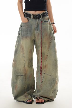 Distressed Curved Blade Wide-Leg Jeans for Women - Deconstructed Vintage American-Style Floor-Length Trousers