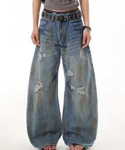 Distressed Curved Knife Jeans for Women - Ripped American Style Casual Wide-Leg Pants, Versatile Niche Design, Trendy Fashion