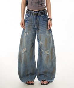 Distressed Curved Knife Jeans for Women - Ripped American Style Casual Wide-Leg Pants, Versatile Niche Design, Trendy Fashion