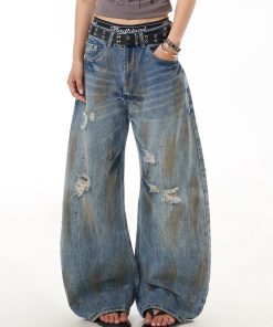 Distressed Curved Knife Jeans for Women - Ripped American Style Casual Wide-Leg Pants, Versatile Niche Design, Trendy Fashion