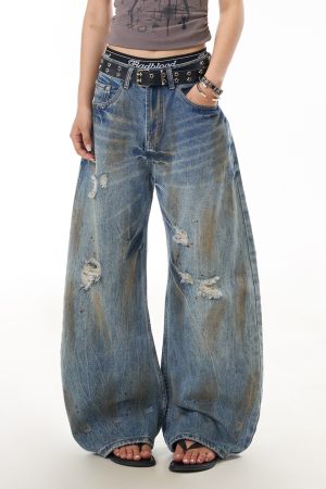 Distressed Curved Knife Jeans for Women - Ripped American Style Casual Wide-Leg Pants, Versatile Niche Design, Trendy Fashion