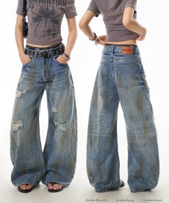 Distressed Curved Knife Jeans for Women - Ripped American Style Casual Wide-Leg Pants, Versatile Niche Design, Trendy Fashion