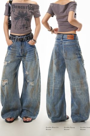 Distressed Curved Knife Jeans for Women - Ripped American Style Casual Wide-Leg Pants, Versatile Niche Design, Trendy Fashion