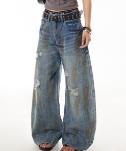 Distressed Curved Knife Jeans for Women - Ripped American Style Casual Wide-Leg Pants, Versatile Niche Design, Trendy Fashion