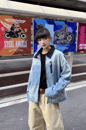 Distressed Gradient Stylish American Work Jacket for Men â€“ Vintage Short Design for Spring and Autumn, Trendy Casual Outerwear