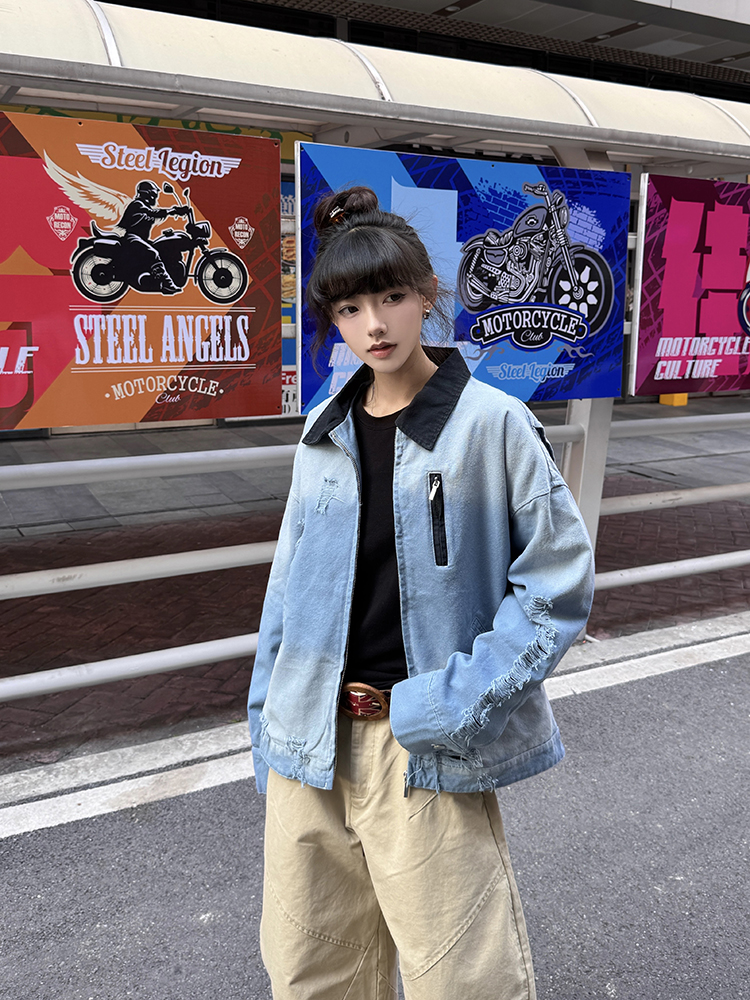 Distressed Gradient Stylish American Work Jacket for Men – Vintage Short Design for Spring and Autumn, Trendy Casual Outerwear Distressed Gradient Stylish American Work Jacket for Men – Vintage Short Design for Spring and Autumn, Trendy Casual Outerwear