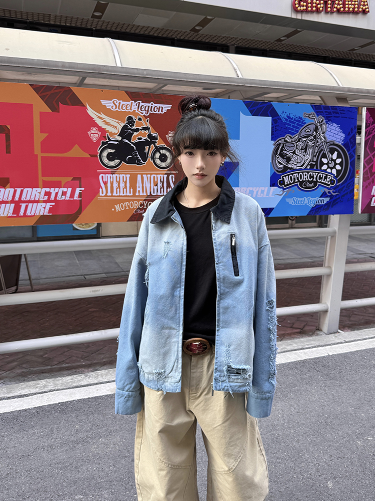 Distressed Gradient Stylish American Work Jacket for Men – Vintage Short Design for Spring and Autumn, Trendy Casual Outerwear Distressed Gradient Stylish American Work Jacket for Men – Vintage Short Design for Spring and Autumn, Trendy Casual Outerwear