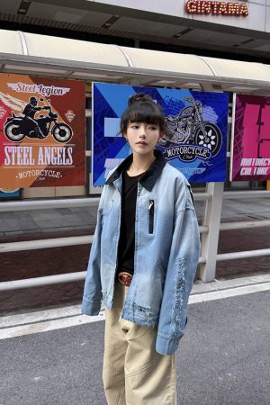 Distressed Gradient Stylish American Work Jacket for Men â€“ Vintage Short Design for Spring and Autumn, Trendy Casual Outerwear