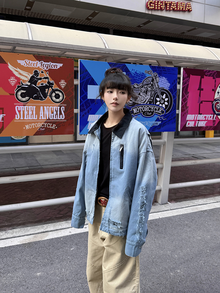 Distressed Gradient Stylish American Work Jacket for Men – Vintage Short Design for Spring and Autumn, Trendy Casual Outerwear Distressed Gradient Stylish American Work Jacket for Men – Vintage Short Design for Spring and Autumn, Trendy Casual Outerwear