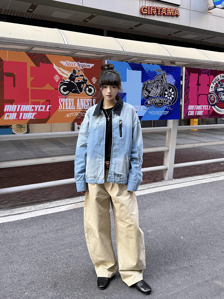 Distressed Gradient Stylish American Work Jacket for Men – Vintage Short Design for Spring and Autumn, Trendy Casual Outerwear Distressed Gradient Stylish American Work Jacket for Men – Vintage Short Design for Spring and Autumn, Trendy Casual Outerwear