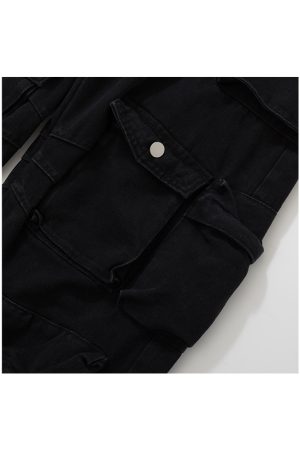 Distressed High Street Dark Straight Jeans with Pocket Design - American Retro Hip-Hop Style