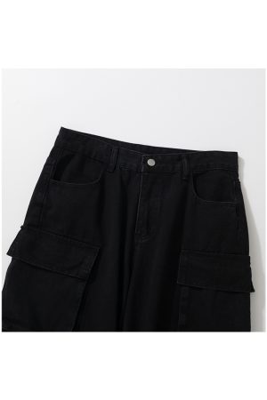 Distressed High Street Dark Straight Jeans with Pocket Design - American Retro Hip-Hop Style