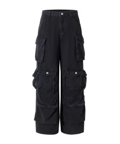 Distressed High Street Dark Straight Jeans with Pocket Design - American Retro Hip-Hop Style