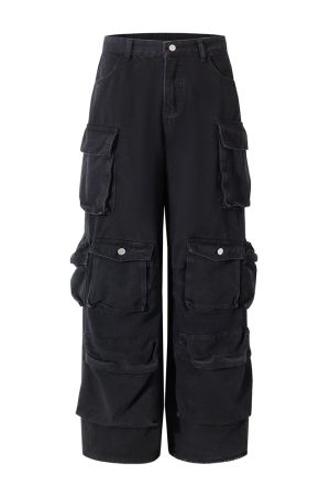 Distressed High Street Dark Straight Jeans with Pocket Design - American Retro Hip-Hop Style