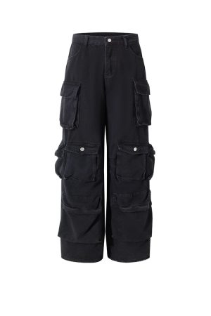 Distressed High Street Dark Straight Jeans with Pocket Design - American Retro Hip-Hop Style