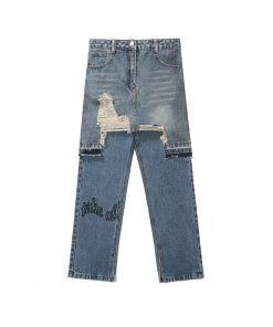 Distressed Irregular Denim Pants and Skirt Set - Vintage Wash Punk Style Autumn Fashion Two-Piece Outfit