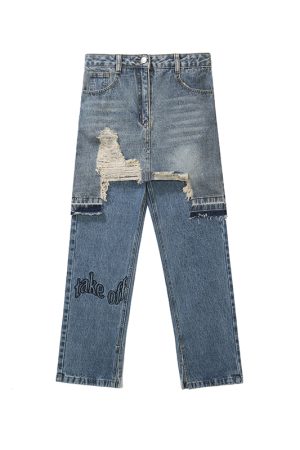 Distressed Irregular Denim Pants and Skirt Set - Vintage Wash Punk Style Autumn Fashion Two-Piece Outfit