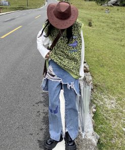 Distressed Irregular Denim Pants and Skirt Set - Vintage Wash Punk Style Autumn Fashion Two-Piece Outfit