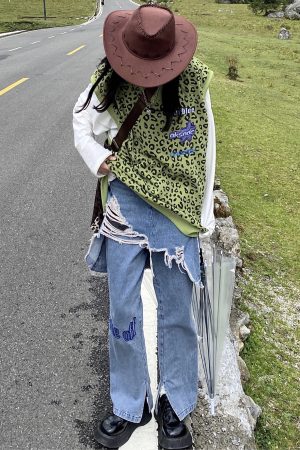Distressed Irregular Denim Pants and Skirt Set - Vintage Wash Punk Style Autumn Fashion Two-Piece Outfit