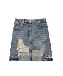 Distressed Irregular Denim Pants and Skirt Set - Vintage Wash Punk Style Autumn Fashion Two-Piece Outfit