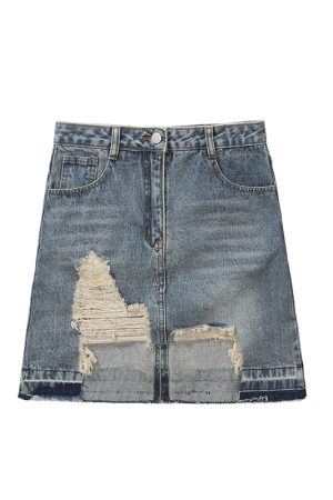 Distressed Irregular Denim Pants and Skirt Set - Vintage Wash Punk Style Autumn Fashion Two-Piece Outfit