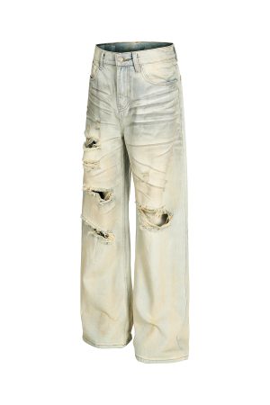 Distressed Ripped Jeans for Men - American High Street Style Straight Leg Pants