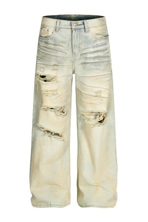 Distressed Ripped Jeans for Men - American High Street Style Straight Leg Pants
