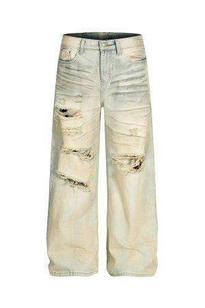 Distressed Ripped Jeans for Men - American High Street Style Straight Leg Pants