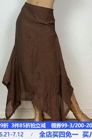 Distressed Solid Color Draped Midi Skirt - Vintage A-Line Design for Summer, Versatile Niche Fashion