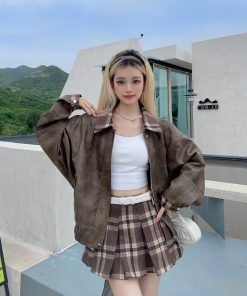Distressed Vintage Baseball Leather Jacket for Women - Versatile American Style with Plaid Skirt - Y2K Fashion Statement Piece