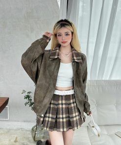 Distressed Vintage Baseball Leather Jacket for Women - Versatile American Style with Plaid Skirt - Y2K Fashion Statement Piece
