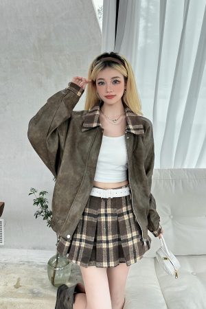 Distressed Vintage Baseball Leather Jacket for Women - Versatile American Style with Plaid Skirt - Y2K Fashion Statement Piece