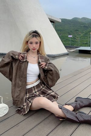 Distressed Vintage Baseball Leather Jacket for Women - Versatile American Style with Plaid Skirt - Y2K Fashion Statement Piece