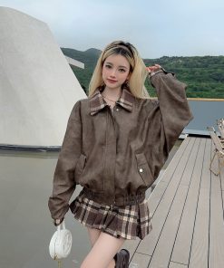 Distressed Vintage Baseball Leather Jacket for Women - Versatile American Style with Plaid Skirt - Y2K Fashion Statement Piece