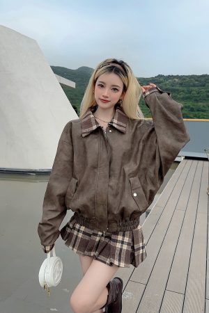 Distressed Vintage Baseball Leather Jacket for Women - Versatile American Style with Plaid Skirt - Y2K Fashion Statement Piece