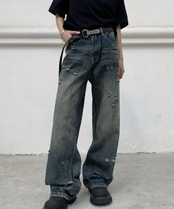 Distressed Vintage Loose Fit Jeans for Men and Women - Straight Leg Wasteland Style American Retro Pants